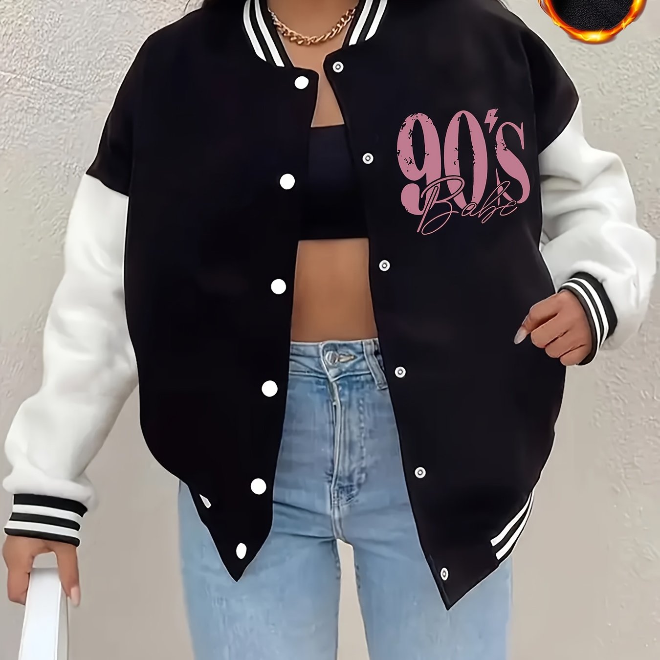 TEMU Women's Autumn Letter Print Jacket - Black And Block Coat, Casual Wear, Daily Outfits For Fall And Winter, Print Design