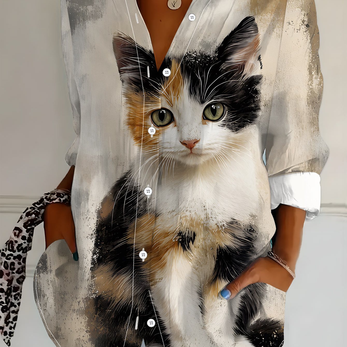 TEMU Plus Size Women's Long Sleeve Shirt, Cute Cat Print Loose Printed Shirt, Three-color Kitten Element Mid-length Women's Long Sleeve Collared