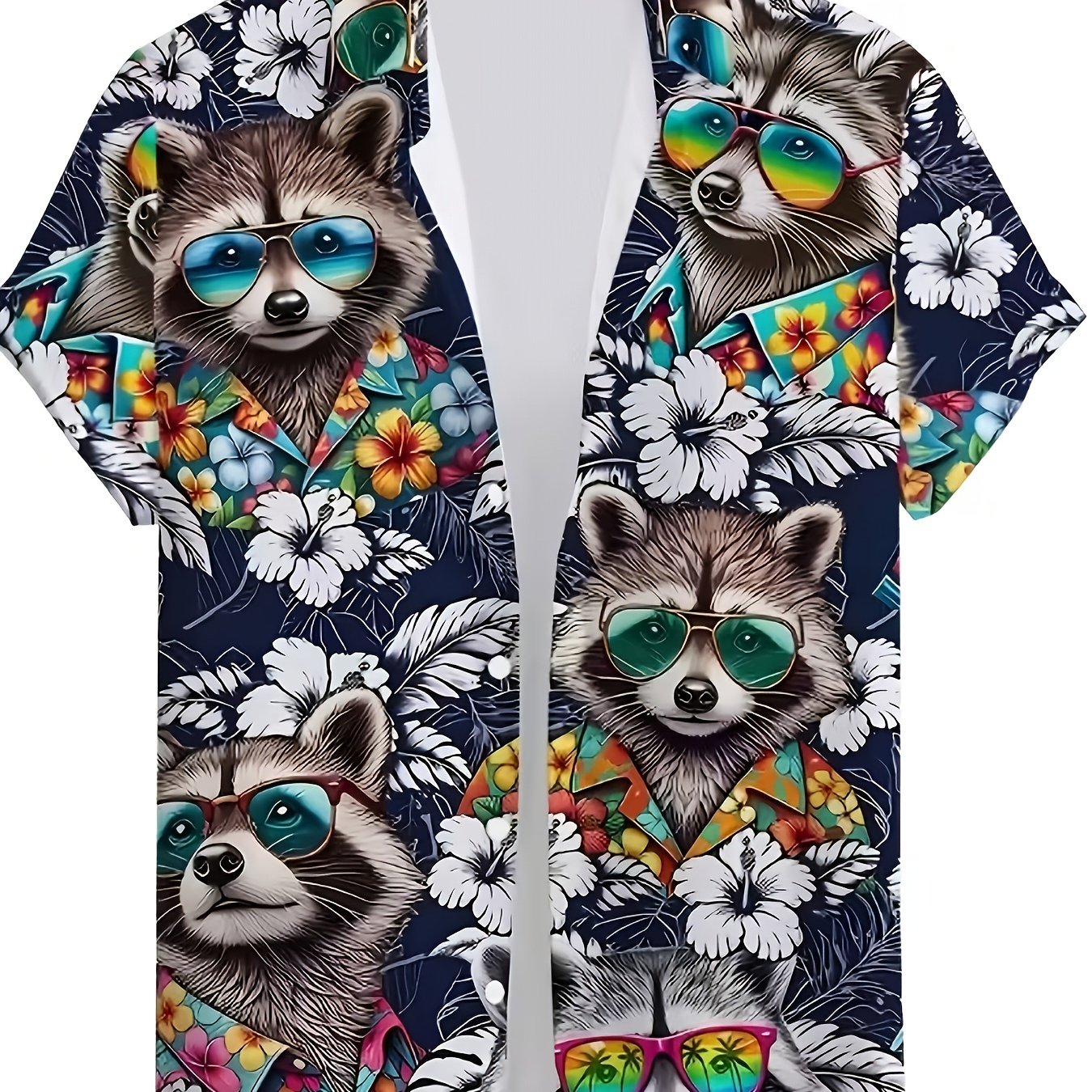 TEMU Men's Colorful Raccoon Print Short-sleeve Shirt, Suitable For Casual And Vacation Wear, Fashionable Top Color Options, Plus Size