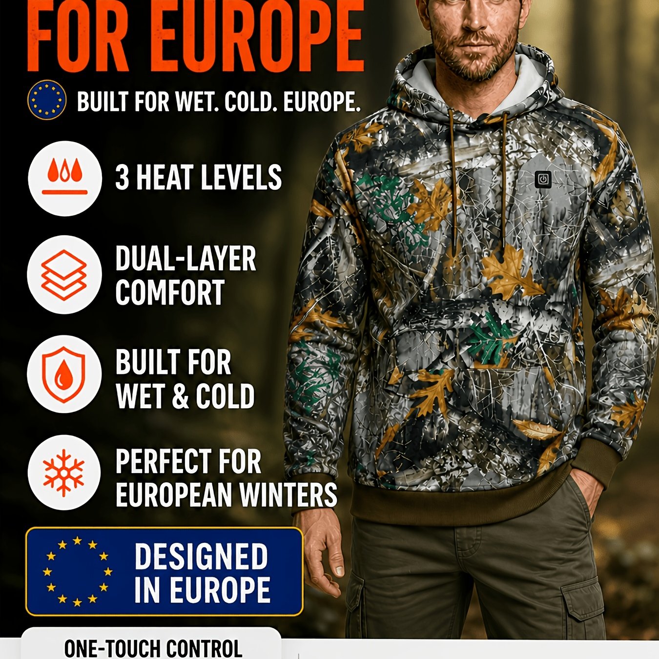 TEMU Men's Winter Electric Heated Hoodie, 3 Speed Temperature Control, 12 Heating Zones, Camouflage Warm And Fast Outerwear, Suitable For Europe