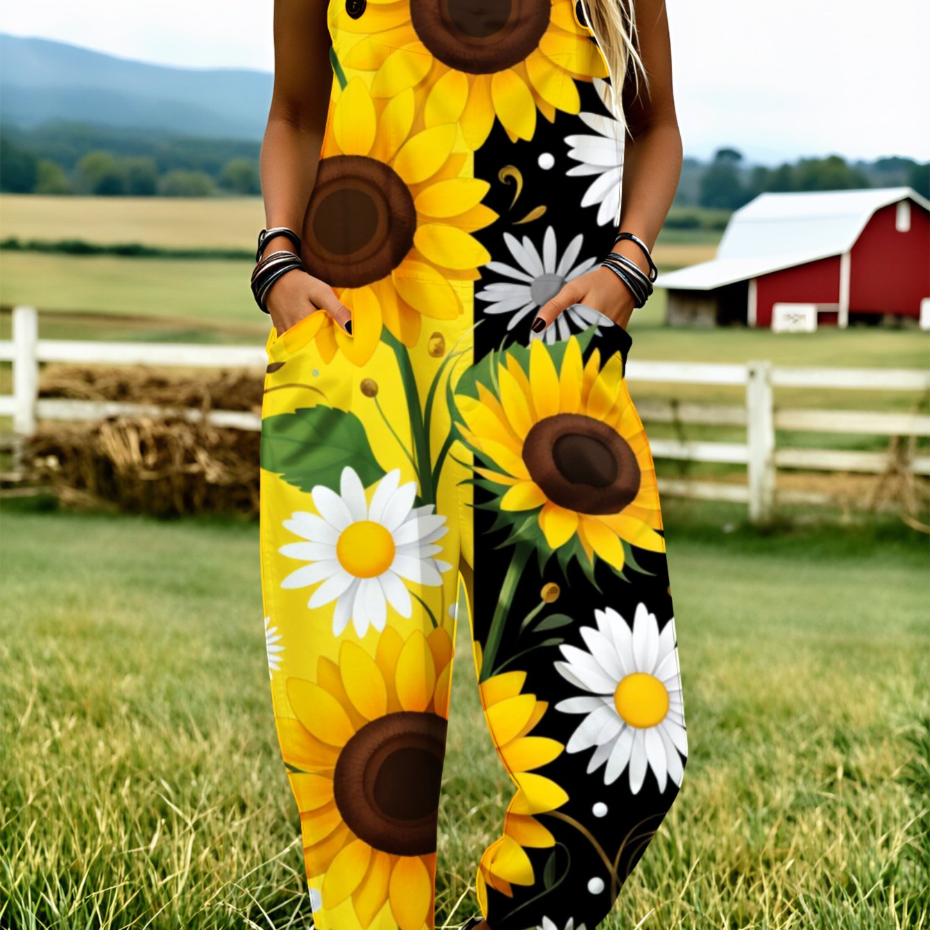 Image of Women' Size Overall Jumpsuit, Size S-2xl Sunflower Daisy Pattern Fashionable Clothing Suitable For Spring, Summer And Autumn Wide-leg Pants Suitable For Daily Wear And , An Ideal Gift For .