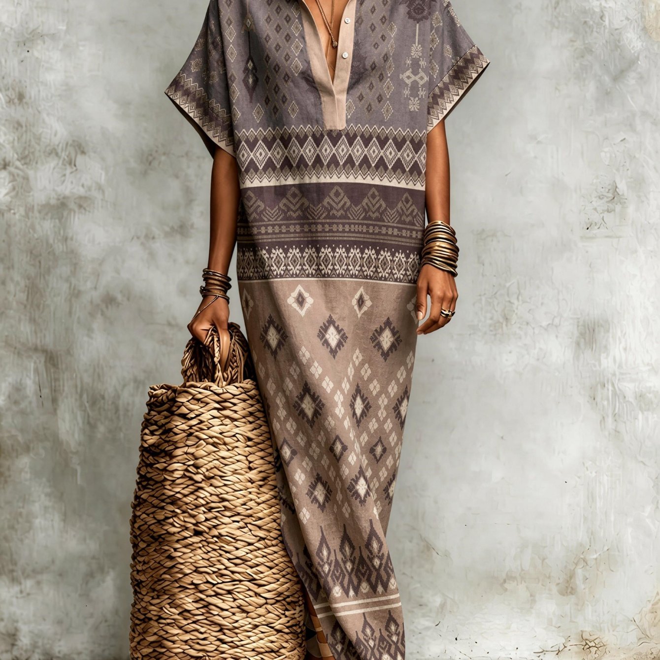 Image of Women's Short-sleeve Shirt Long Dress, Bohemian Gray-brown Splicing Geometric Ethnic Print, Lazy Style Women's Long Dress, Fiber, Machine Washable, Casual Commuter Wear