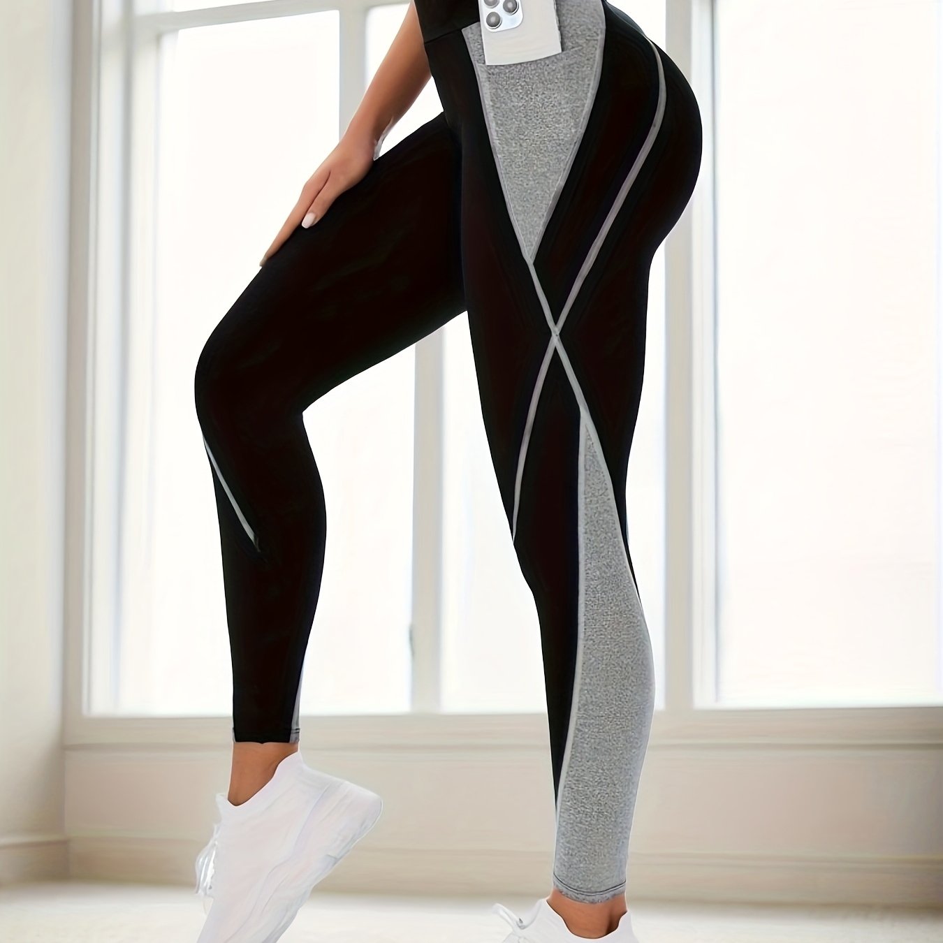 TEMU Leggings de Yoga de Cintura con Bloques de Color y Bolsillo - Elásticos y Glúteos, Pantalones de Entrenamiento a para Mujeres, de Poliéster
