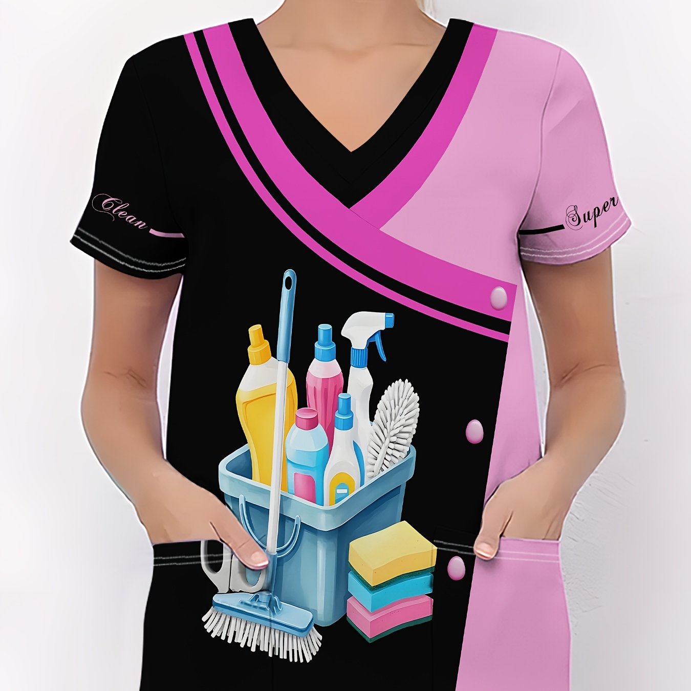 TEMU T-shirt de travail de nettoyage à col en V avec poche, Uniforme de travail de buanderie, Vêtement de travail à manches courtes confortable et