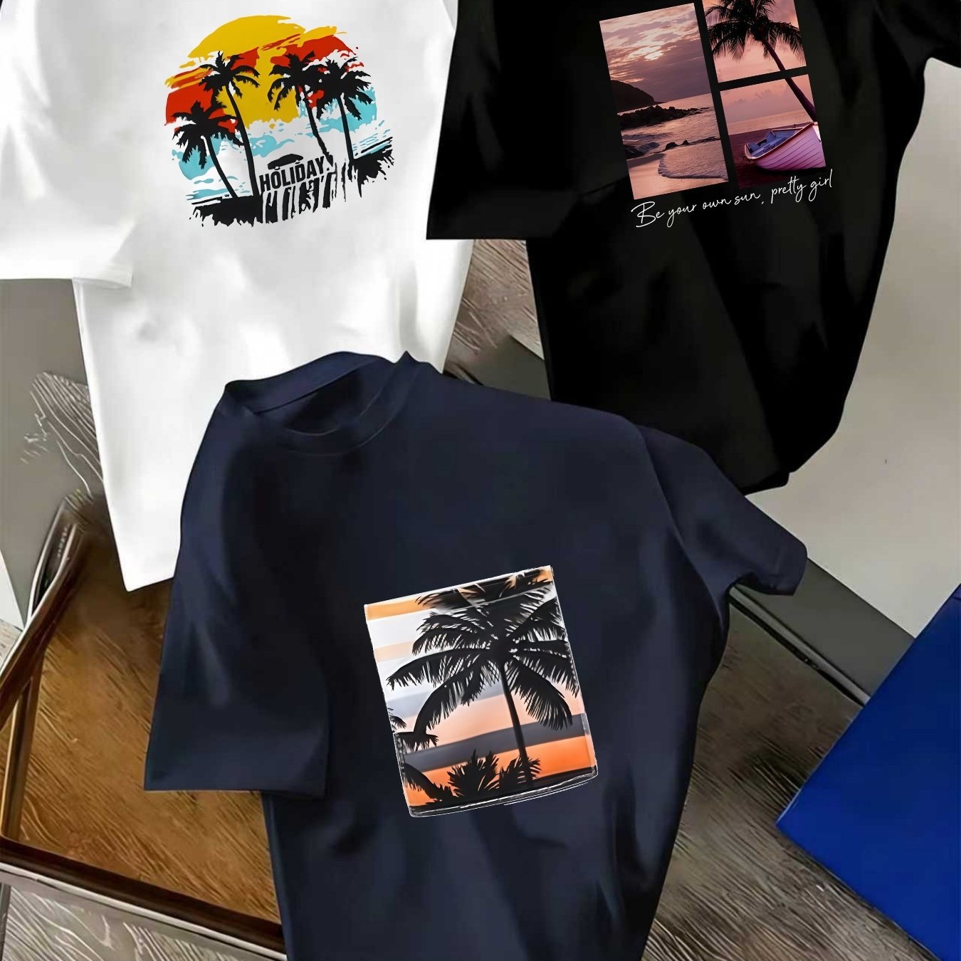 TEMU 3pcs Set Of Casual T-shirts For Boys And Girls, Coconut Tree Vacation-themed Short Sleeves, Versatile For Daily School And
