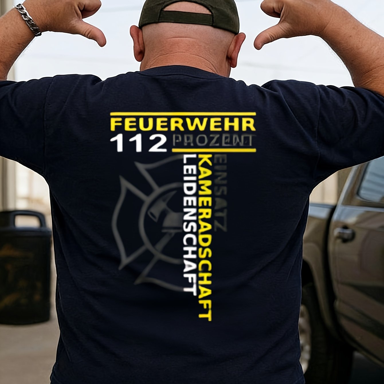 Image of Firefighter T Shirt Black Feuerwehr 112 Prozent Einsatz Kameradschaft Graphic Print For Men Outdoor Work And Casual Wear, Plus Size
