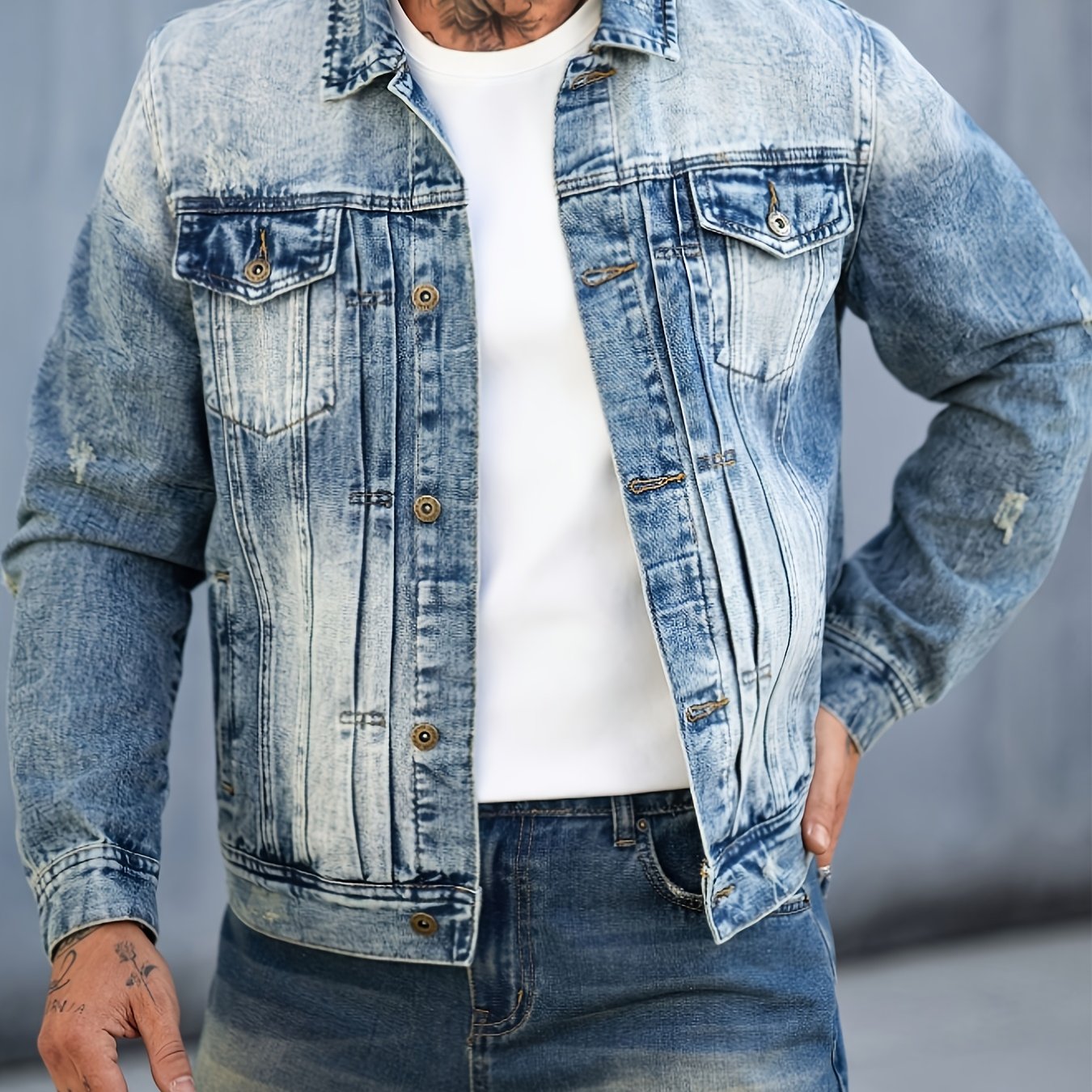 TEMU Men's Casual Denim Jacket In American Heavyweight, Featuring A Stylish Gradient Wash In , With A Fashionable Vintage Design, Amis Retro Style, ,
