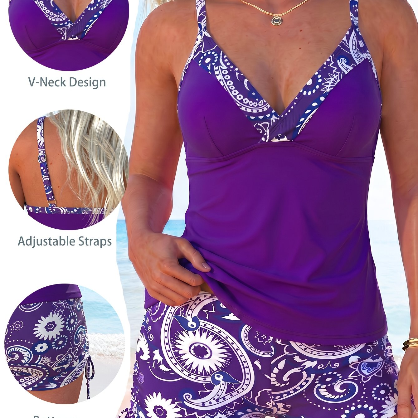 Pistachio Flower Split Square V-Neck Twist Tankini Style Swimwear