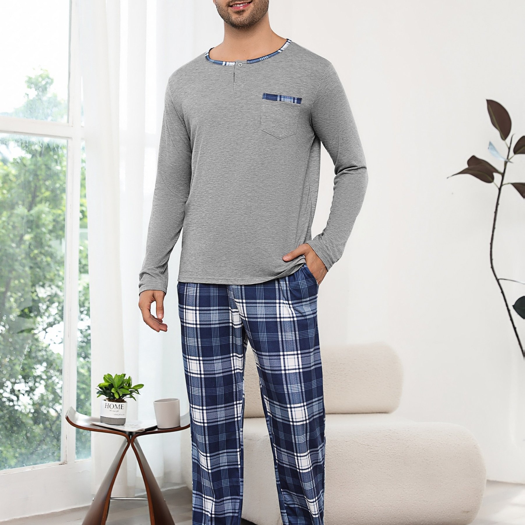 Men's Pajama Set Long Sleeve Henley Neck Soft Sleepwear With Pockets Casual Loungewear