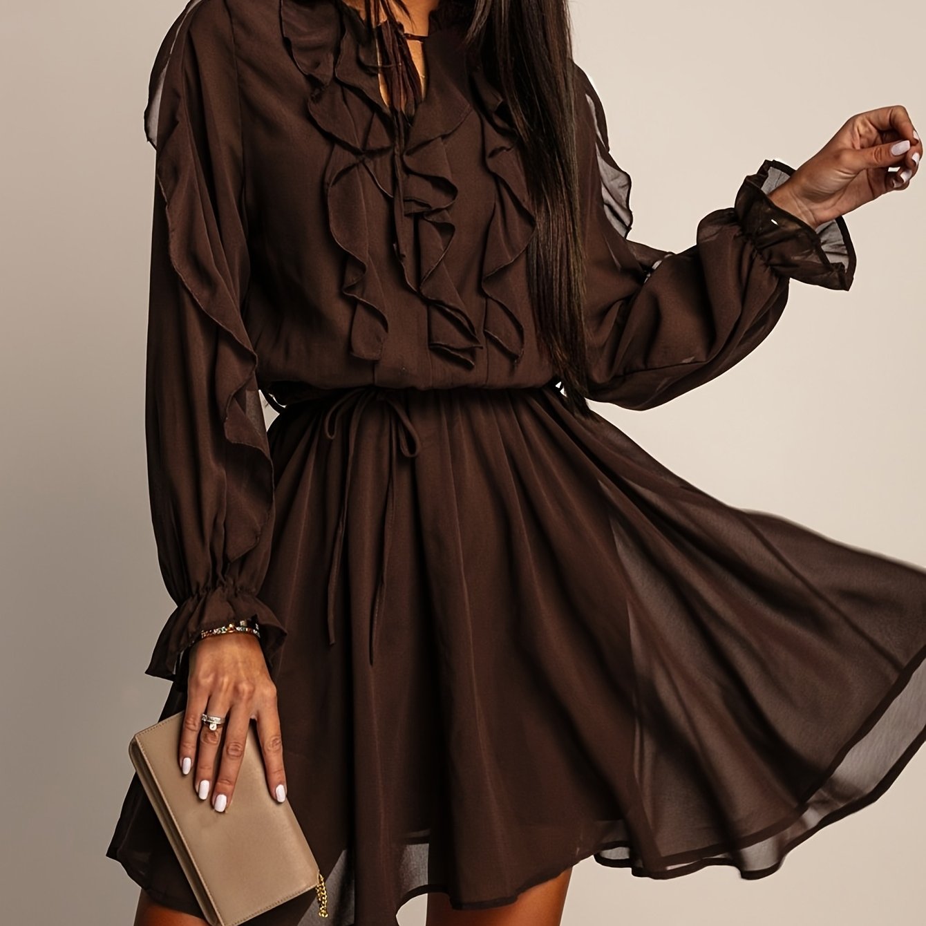 TEMU Women's New Elegant And Fashionable Commuter Style Solid Color Ruffle Trim Drawstring Long Sleeve Dress For Dating