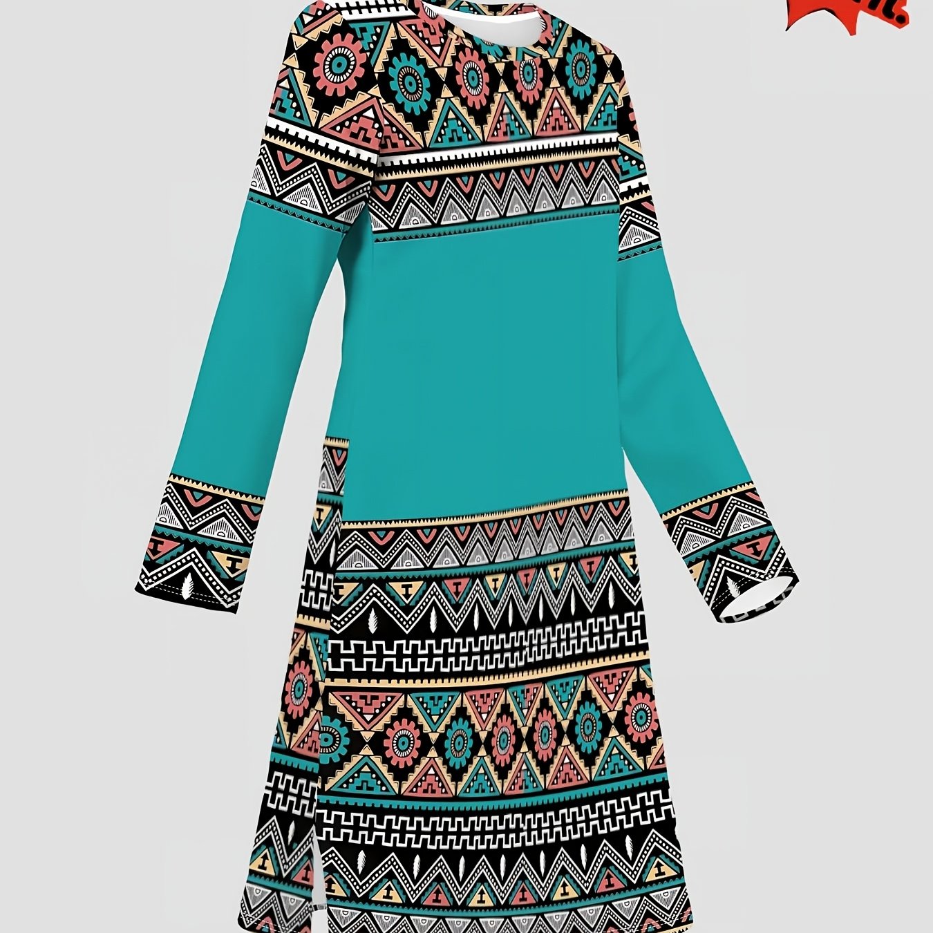 TEMU Women's Top, Vintage Art Collage Floral Crew Neck Long Sleeve Split Top, Suitable For Middle Eastern Celebrations In A Fashionable Low-key