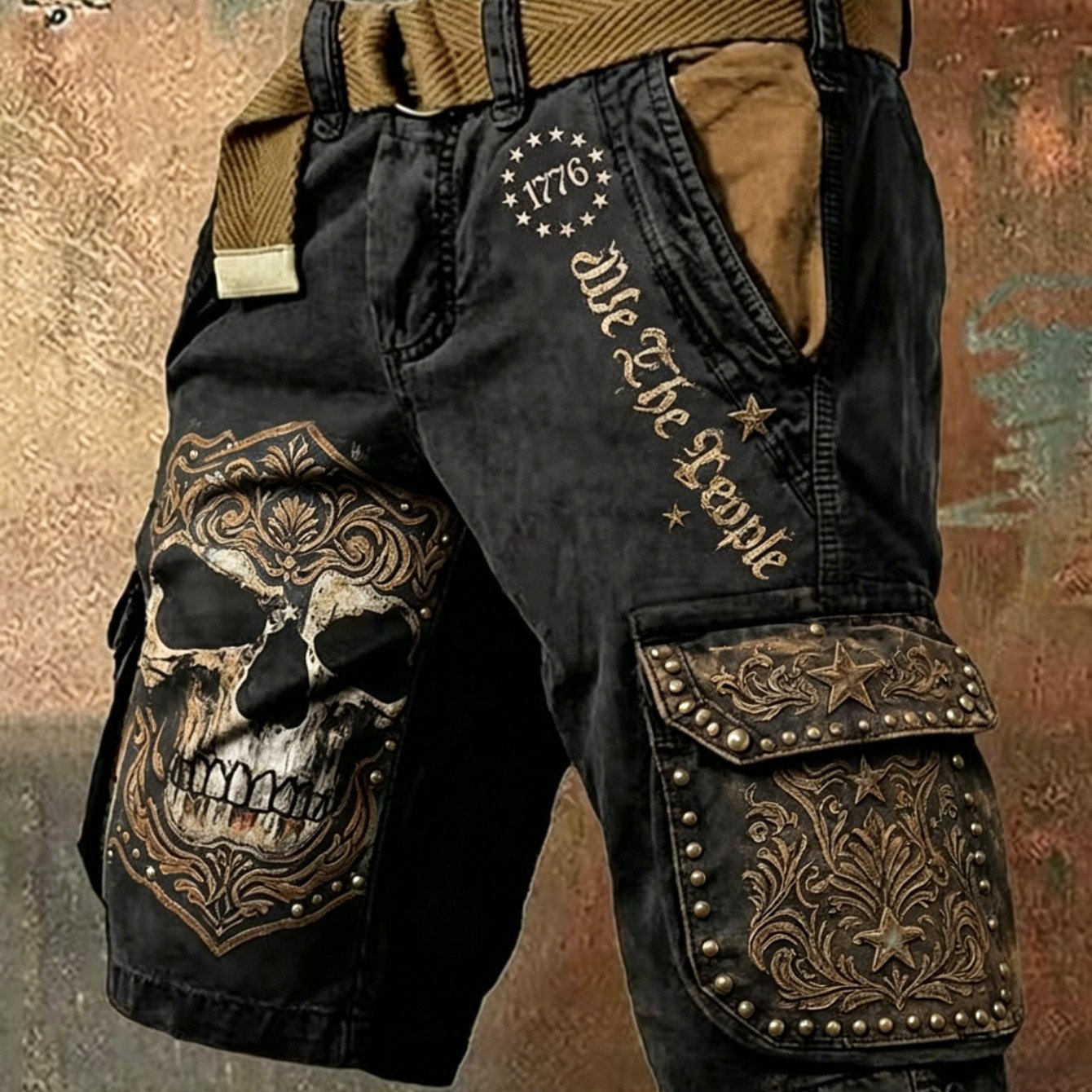 Single-piece Pants(no Belt) Not Denim Fabric Men's Black Vintage Skull Digital Printed Cargo Shorts, Summer Street Wear Casual, Western Style Daily Outfits