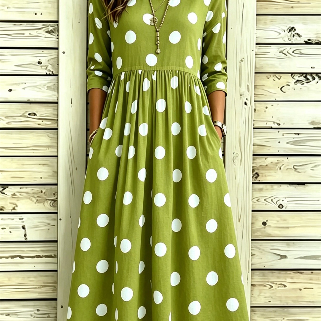 Image of Women's Color- Polka Dot Print Round-neck Pocket Casual Midi Dress