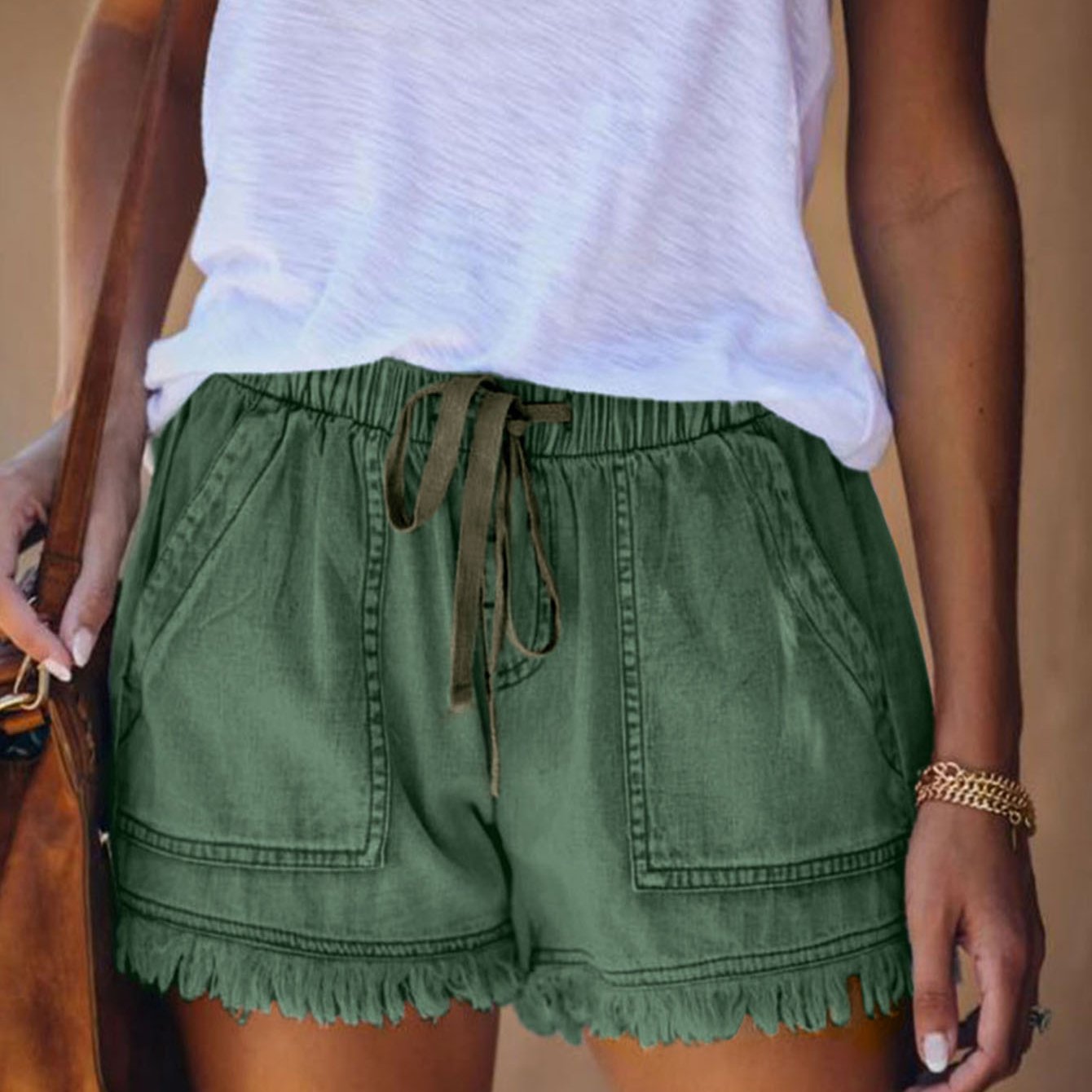 Women's High Waist Fringed Shorts- Stretchy& Comfy Casual Pants, Tummy Control Denim Shorts