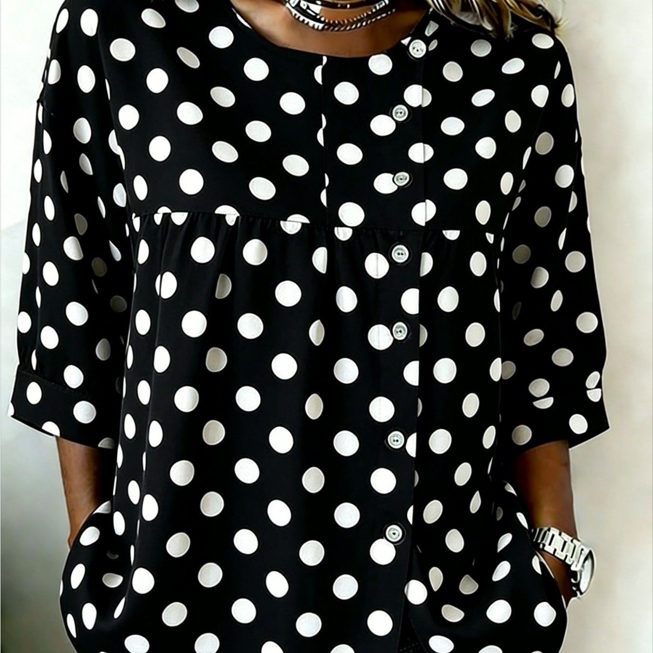 Image of Plus Size, Plus-size Women's Crew Neck Top With Burgundy White Polka Dot Print, Casual Casual Attire, Suitable For From Casual To Semi-formal Settings, Is For Mom, Sister Or Friend.