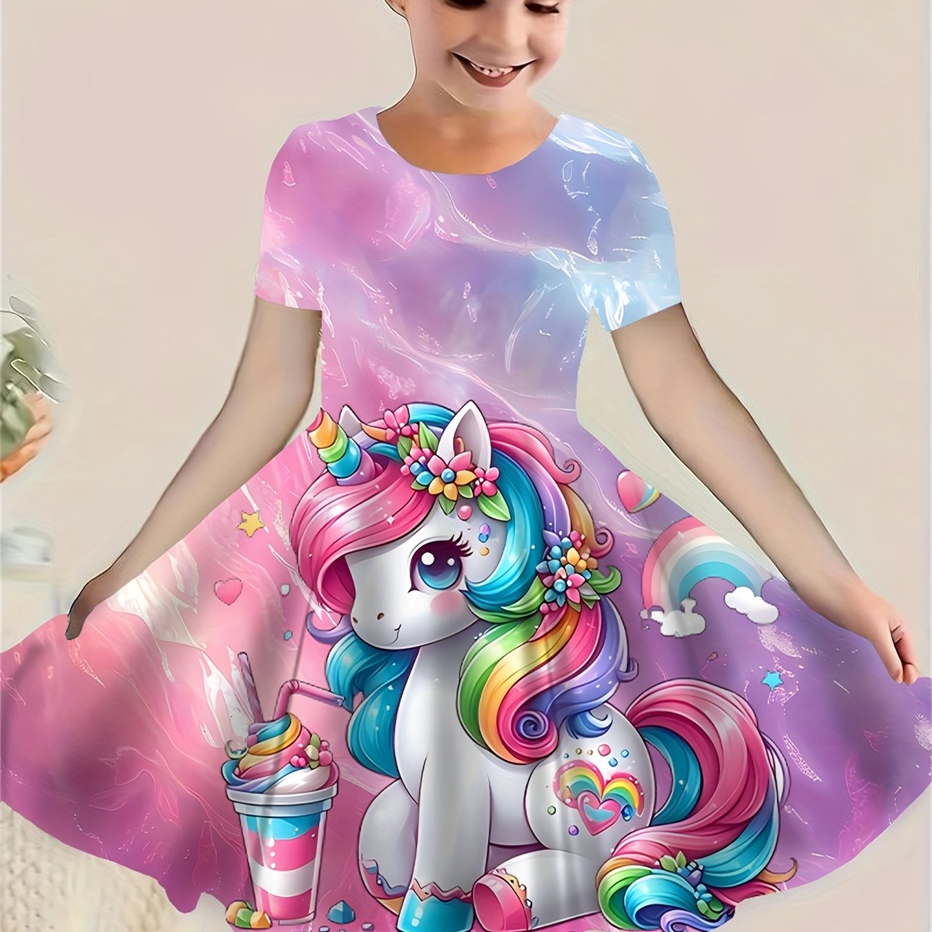 E-shop Neues Mädchen Cartoon Einhorn Grafik 3D Kurzarm Kleid, Kinder Sommer Urlaub Freizeit Kleid, Individuelles Patchwork Oberteil Kleid