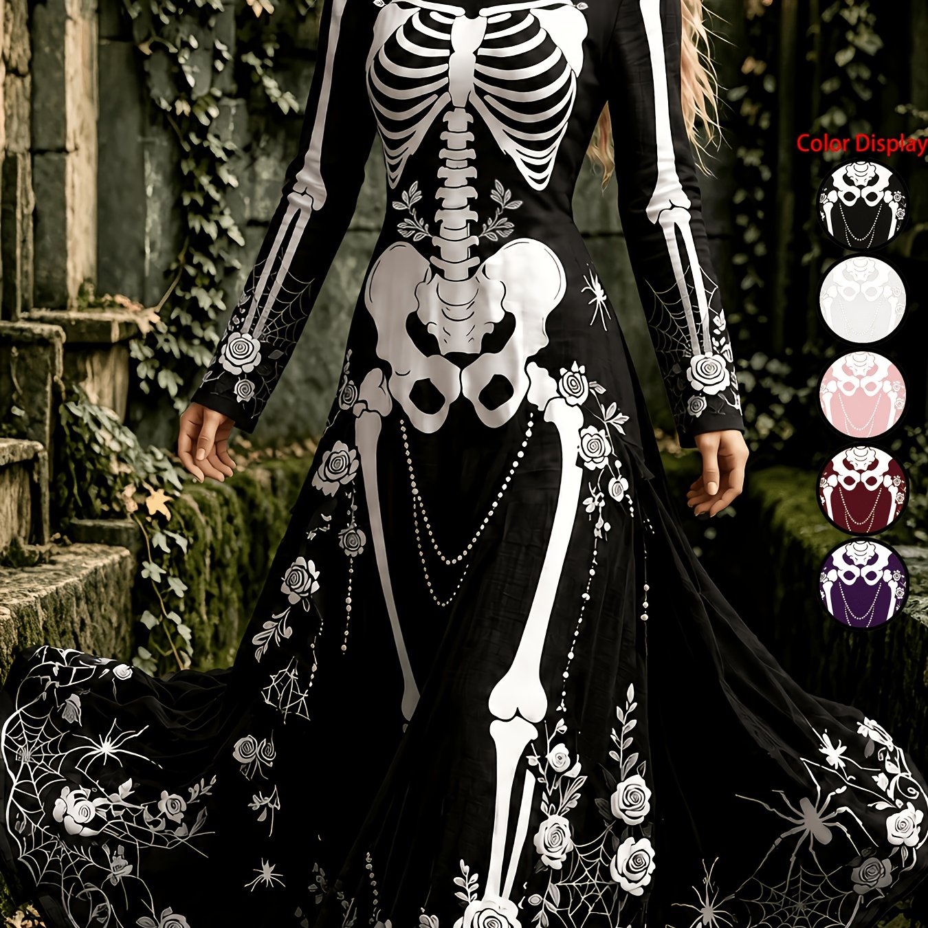TEMU Robe Longue Femme Halloween Crâne Rose Imprimé Manches Longues Vintage Col Rond Évasée Maxi Robe de Fête Cosplay