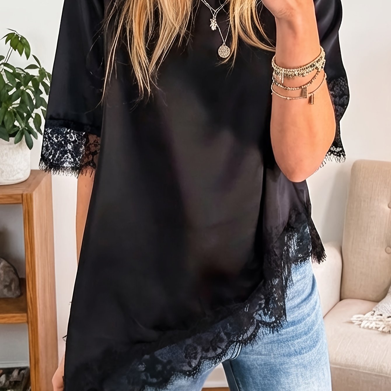 E-shop Casual Mode Unifarbenes Asymmetrisches Spitzenbesetztes Kurzarmhemd – Neuer Frühjahr/Sommer-Stil, Ideal für Pendeln, Einfache Ausflüge