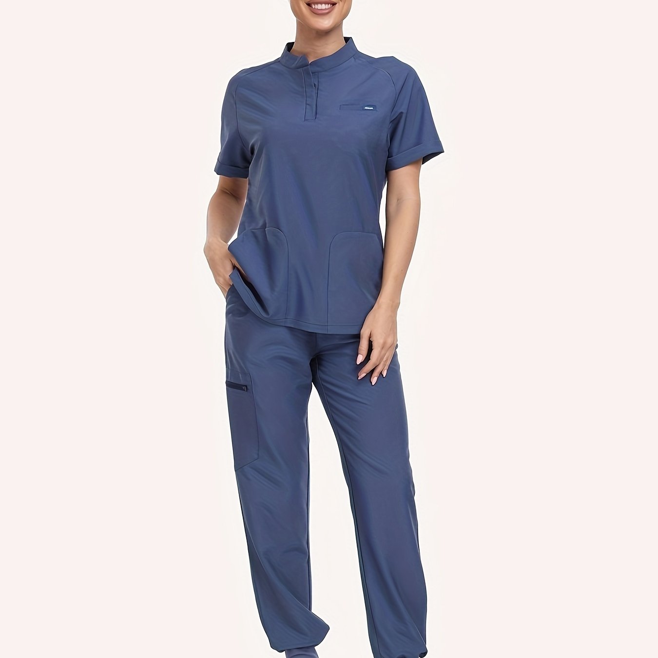 TEMU Casual Stretch Women Nursing Scrubs Set, Classic Scrubs Medical Uniforms Top And Zipper Pockets Jogger Pants Outfits, Women's Clothing