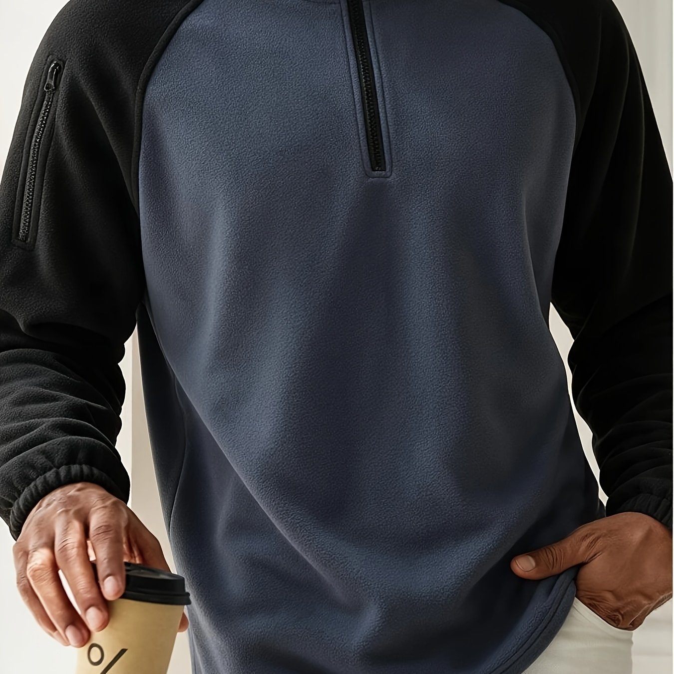 TEMU Special! 1pc Men's Color-block Fleece Pullover, Half-zip Drop Shoulder Casual Sweatshirt, Loose Fit For Daily Wear And