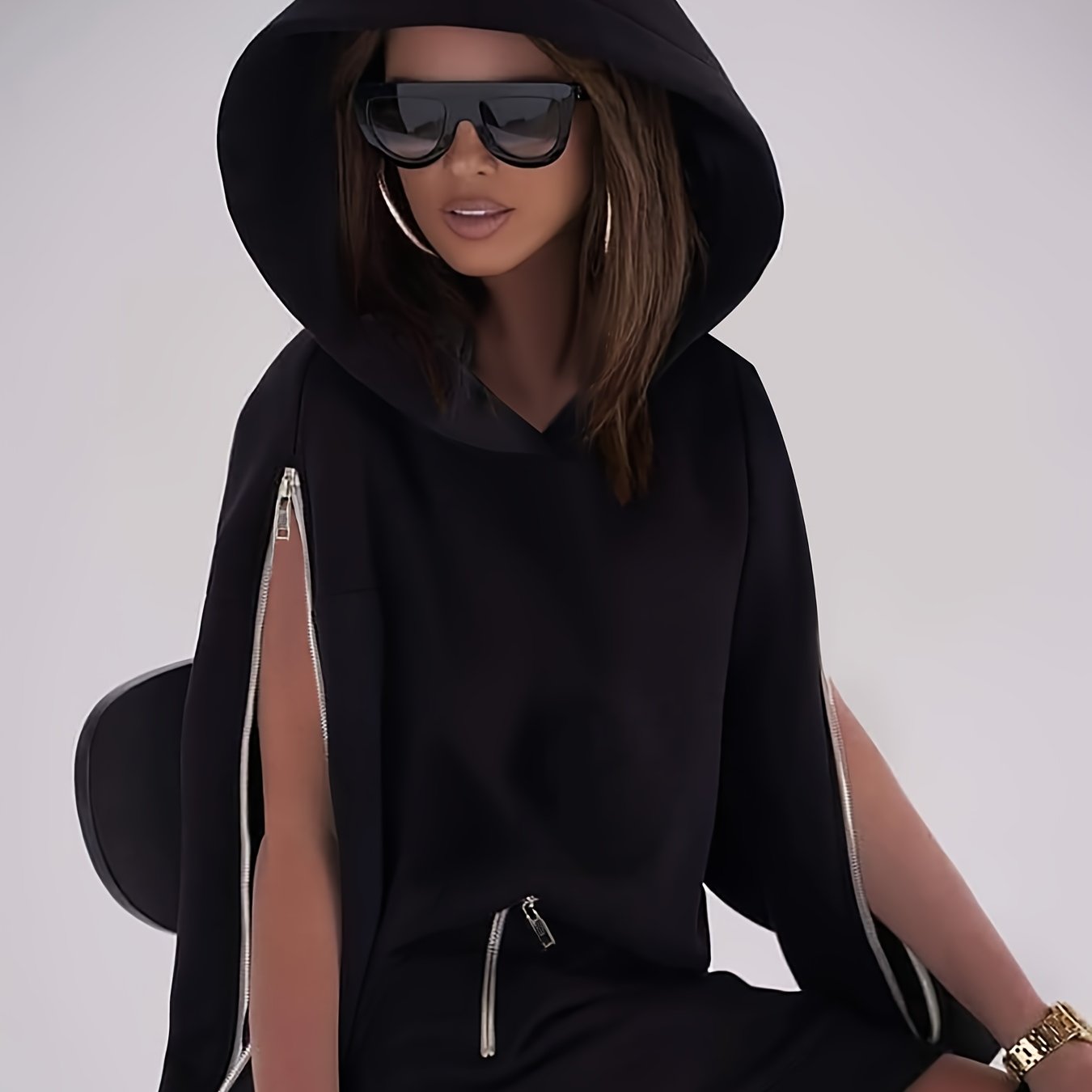 Image of Plus Size, Hooded Fashionable Cool Urban Nightclub Fitted Sexy Zipper Patch Zipper Design Heavy-duty Plus Size Women's Sweatshirt