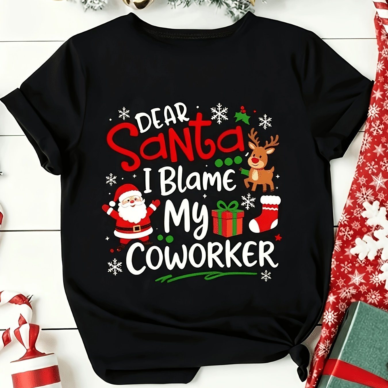 TEMU [2d Printed Designânot Textured] Women's ", I My Coworker" Graphic T-shirt, Funny Christmas Crew Neck Short Sleeve Casual Tee, Comfortable,