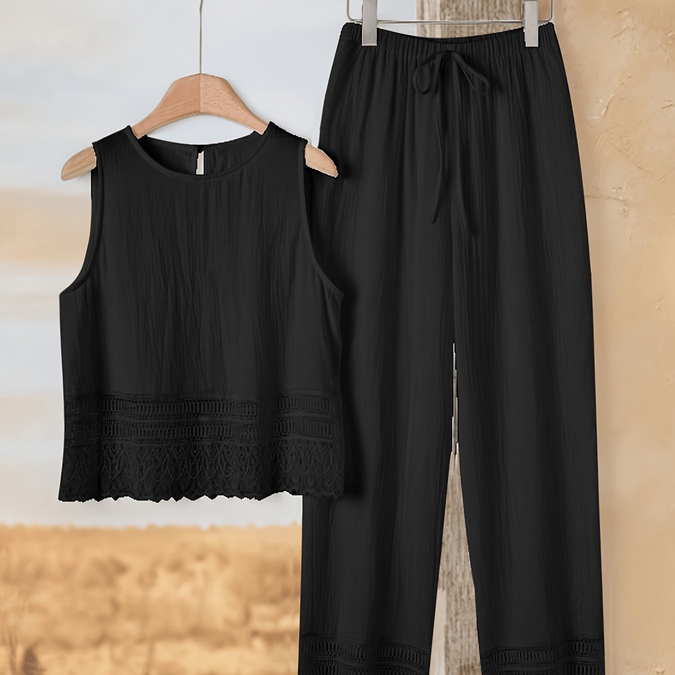 TEMU Top elegante da donna con in pizzo, Pantaloni larghi con in pizzo, Abbigliamento da donna in stile country, Niannian