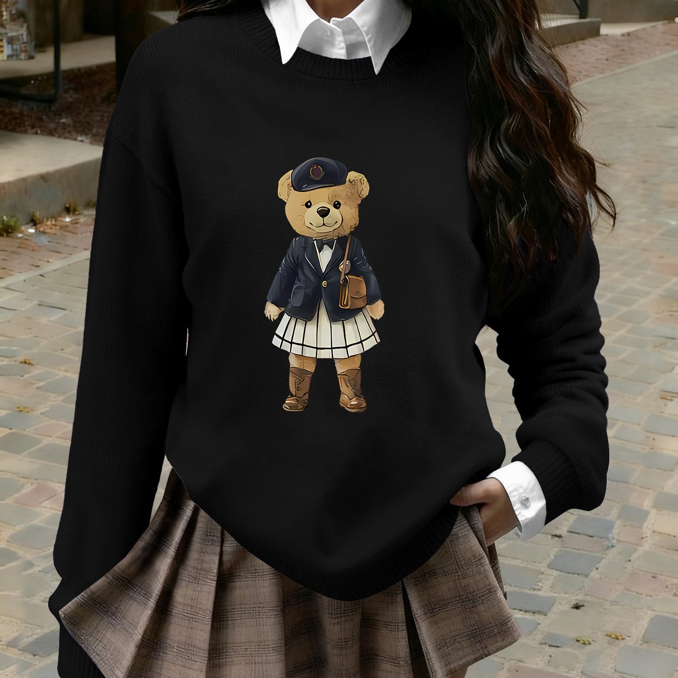 TEMU [back-to- Season] British Style Women's Crewneck Warm Pullover With Vintage Bear Pattern Print - Elegant And Exquisite, Suitable For Commuting,
