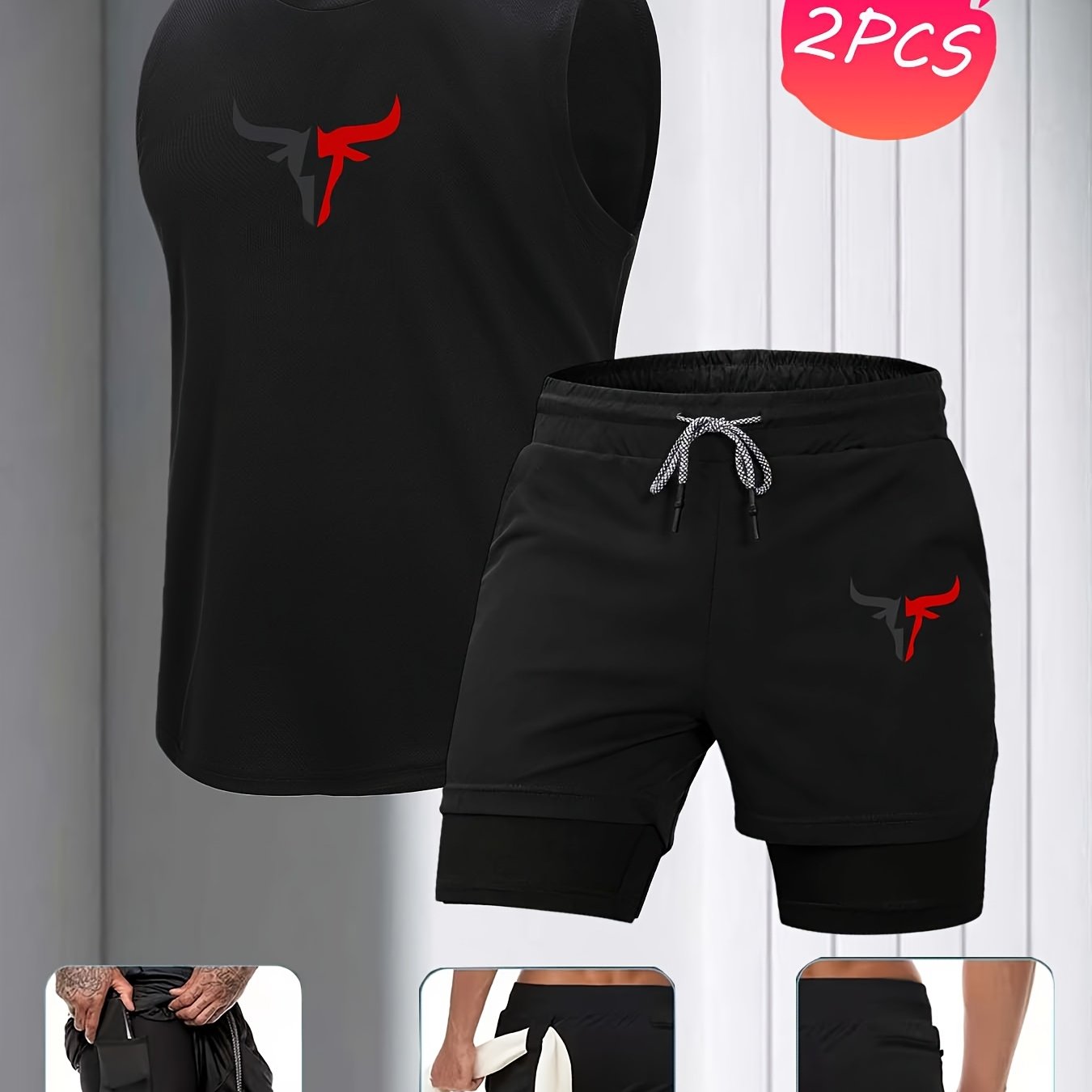 TEMU Men's Casual Outdoor Sleeveless Round Neck Vest And Double-layer Athletic Shorts 2pcs Set With Red Skull Print Design Running Essential Outfit