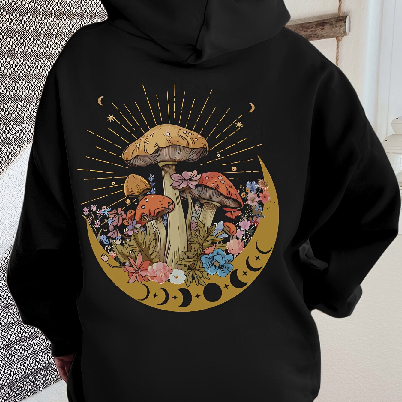 TEMU Women' Casual Double-sided Printed Hooded Sweatshirt, 100% Polyester Knit Fabric, Hood Collar Style, Mushroom &