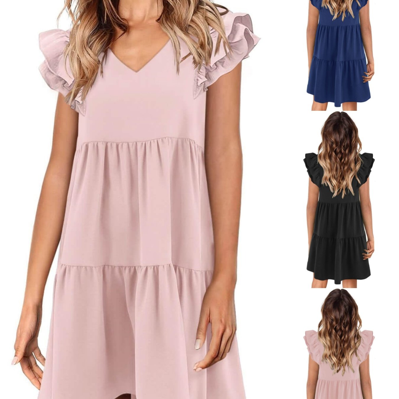 Image of Women' Summer Babydoll Dresses 2026 Cute Ruffle Cap Sleeve V-neck Flowy Swing Mini Dress Sundress