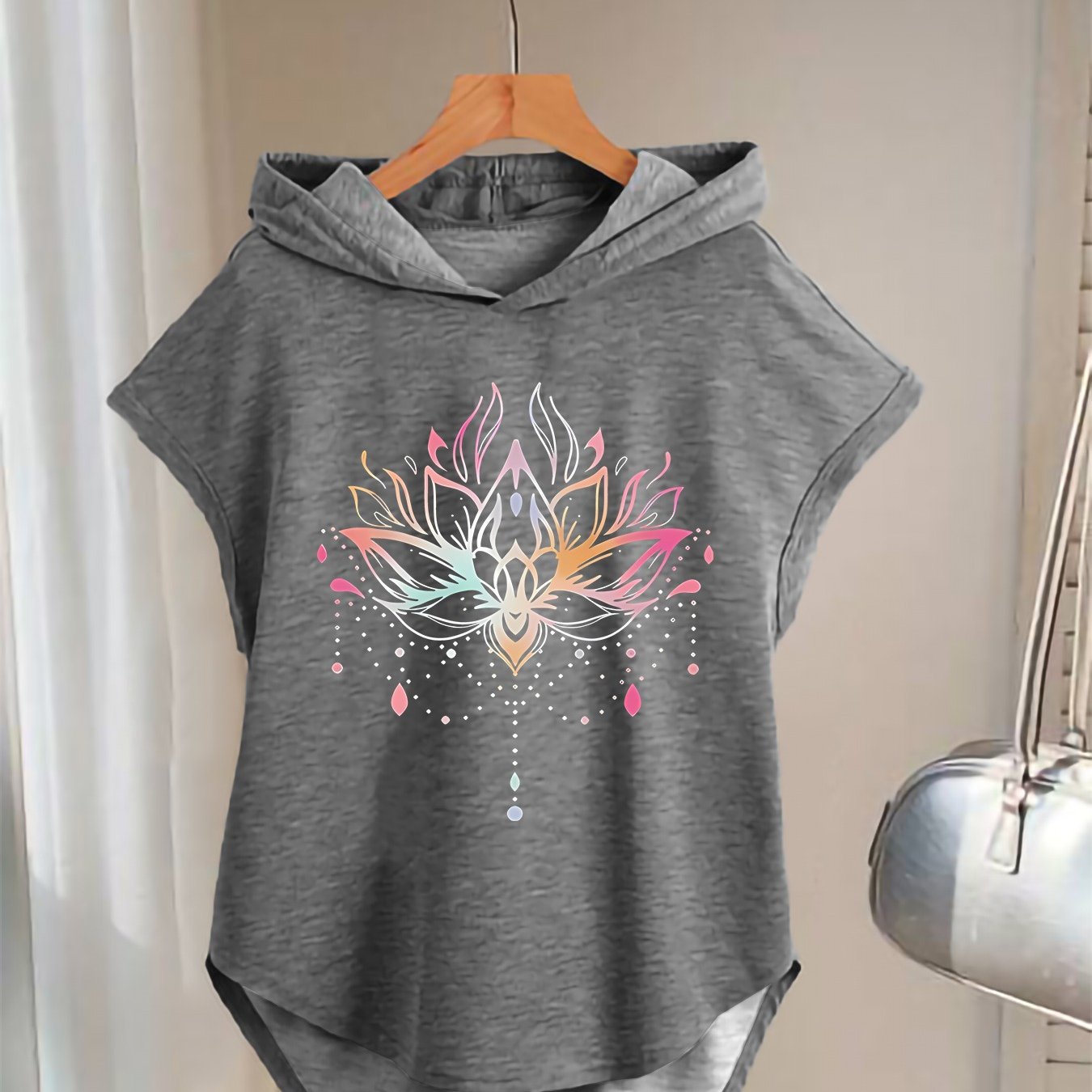 E-shop 1 Stück Mode Damen Elegante Street Style Multicolor Farbverlauf Lotus Muster Bedruckte Kapuzen-Fledermausärmel Weste, Mehrere Größen Verfügbar,