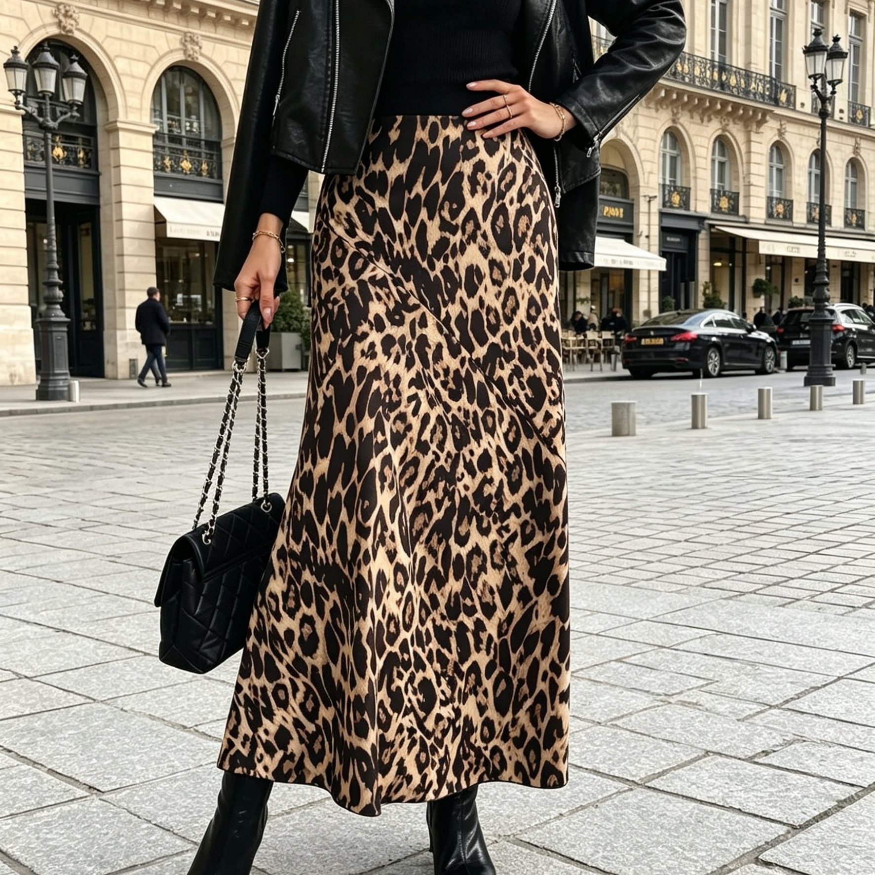 TEMU Women's Leopard Print Premium Spring/autumn Casual High-waist Midi Skirt Suitable For Commute, Office, Dates, And Parties