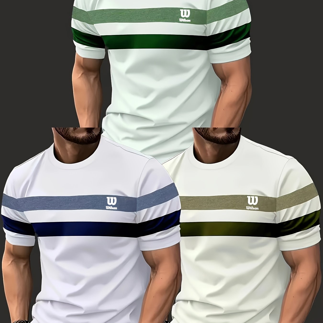 TEMU 3pcs Men's Fashion Casual Crew Neck Short Sleeve Tees, Geometric Pattern, Stretch, Regular Fit, - Green, Striped T-shirts