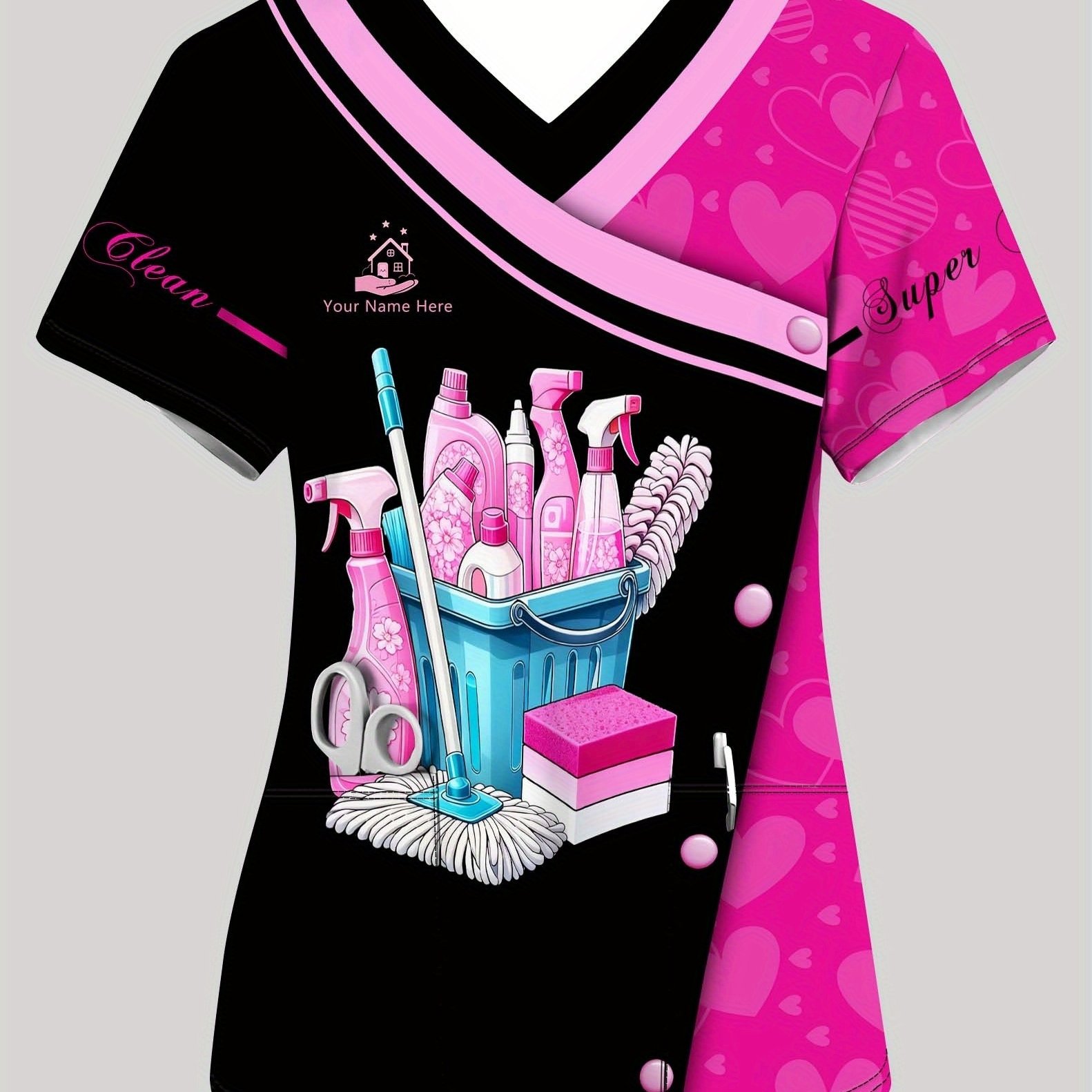 TEMU Women's Ized Name/text V-neck Work T-shirt - Short Sleeve Uniform With Front Pockets, Breathable Fit For Nurses, Janitors, & Laundry Staff -