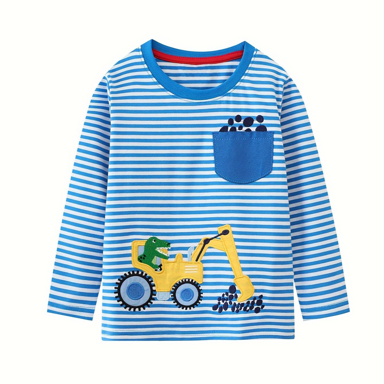 Image of Spring And Autumn Style Boys' Long-sleeved T-shirt Striped Cartoon Excavator Dinosaur Casual Clothing