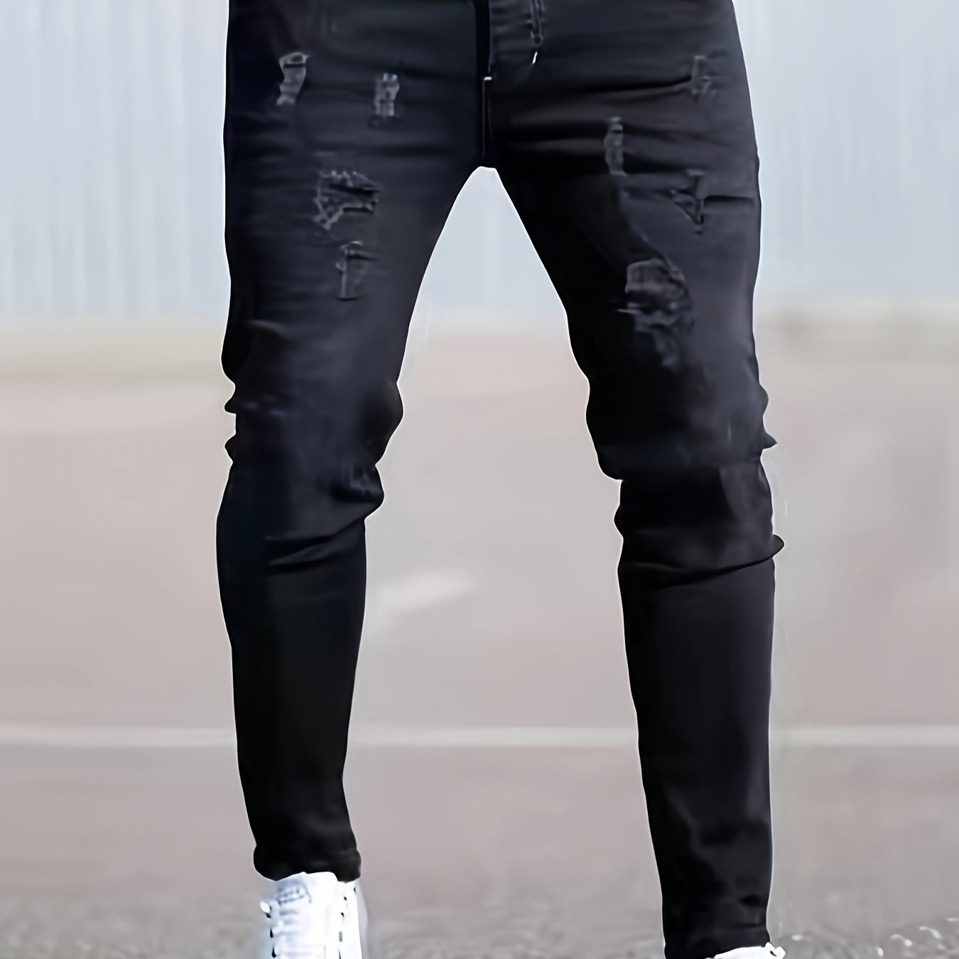 Image of Streetwear Men's Skinny Jeans, Individual Distressed Fashion Casual All-match Men's Black Trousers