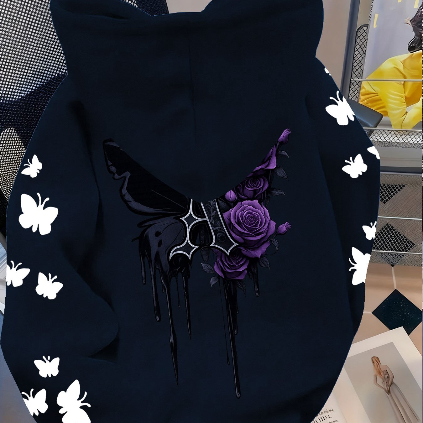 TEMU Cat Ear Hooded Sweatshirt Men's Dark Rose Print Top Y2k Style Casual Fashion Trendy Hooded Hoodie