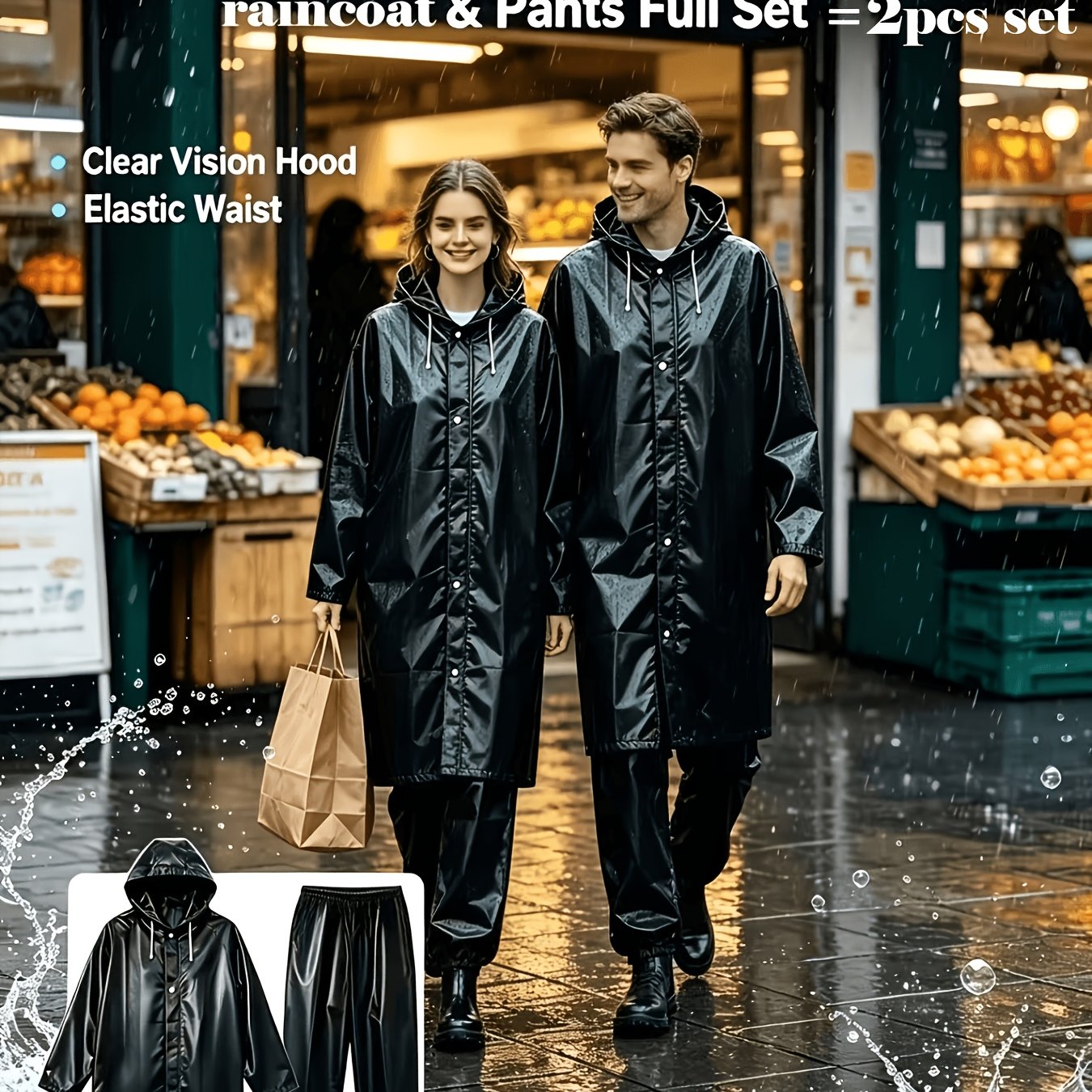 TEMU 2pcs Blue Black Optional Unisex Adult Rainwear Set, Hat With Hood And Pants, Loose Fit Lightweight Rain Gear, In Black And Blue, Suitable For