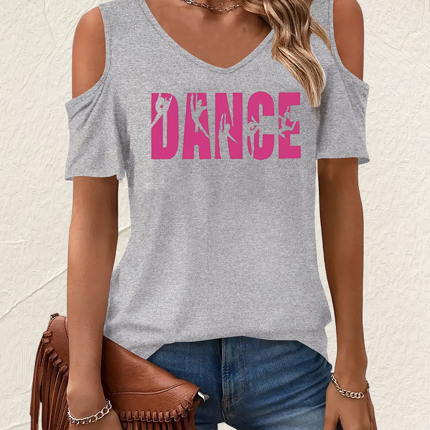 TEMU Summer Short-sleeve V-neck Women's T-shirt With Off-shoulder Design, Featuring A Casual And Stylish Print