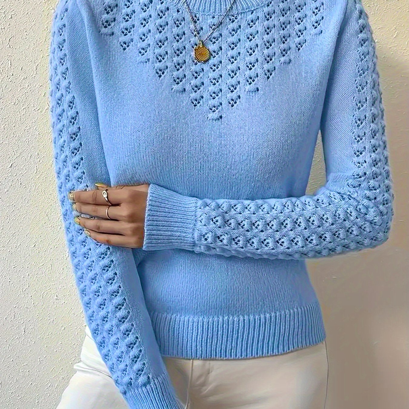 TEMU New Women's Round Neck Pullover Base Layer Sweater, Solid Color, Elegant And Simple Hollow-out Design, Women's Top, Women's Sweater