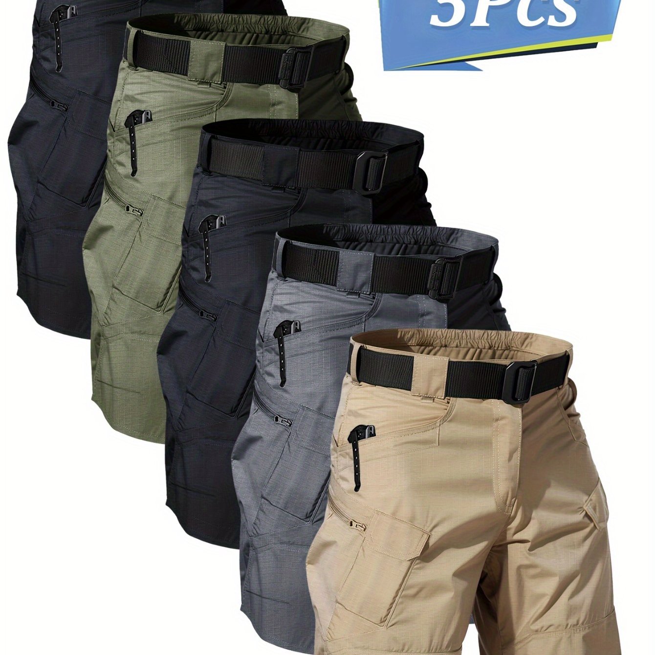 TEMU 5pcs Men's Summer Tactical Cargo Shorts With Adjustable Straps Design Lightweight Work Shorts, Polyester Material Quickly Dry Hiking Shorts |