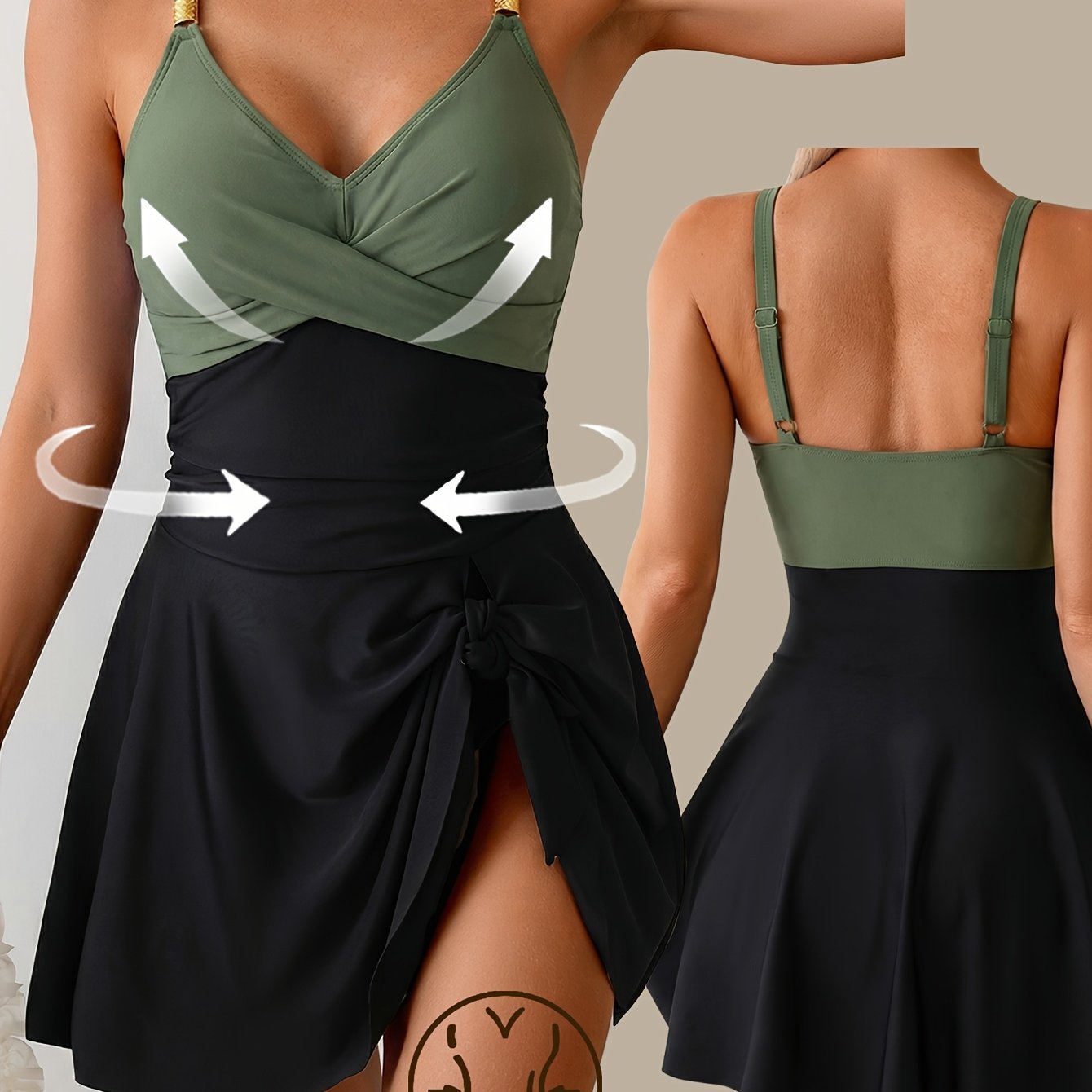 Image of Women's Fashionable One-piece Swimsuit - Sexy V-neck With Adjustable Waist And Double Shoulder Straps - Skirt Style - Swimsuit - One-piece - Beach Style
