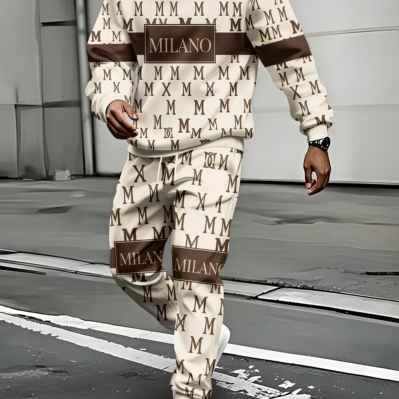 TEMU Survêtement Vintage de Luxe Léger pour Homme à , Imprimé Intégral Créant une Texture de Marque Haut de Gamme, Ensemble Polyvalent Minimaliste