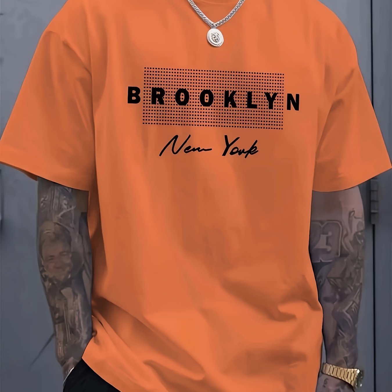 TEMU Men's Brooklyn Graphic T-shirt - A Soft, Regular-fit Casual Tee Featuring A Black And White Print, Machine Washable, Round Neck Streetwear Top,