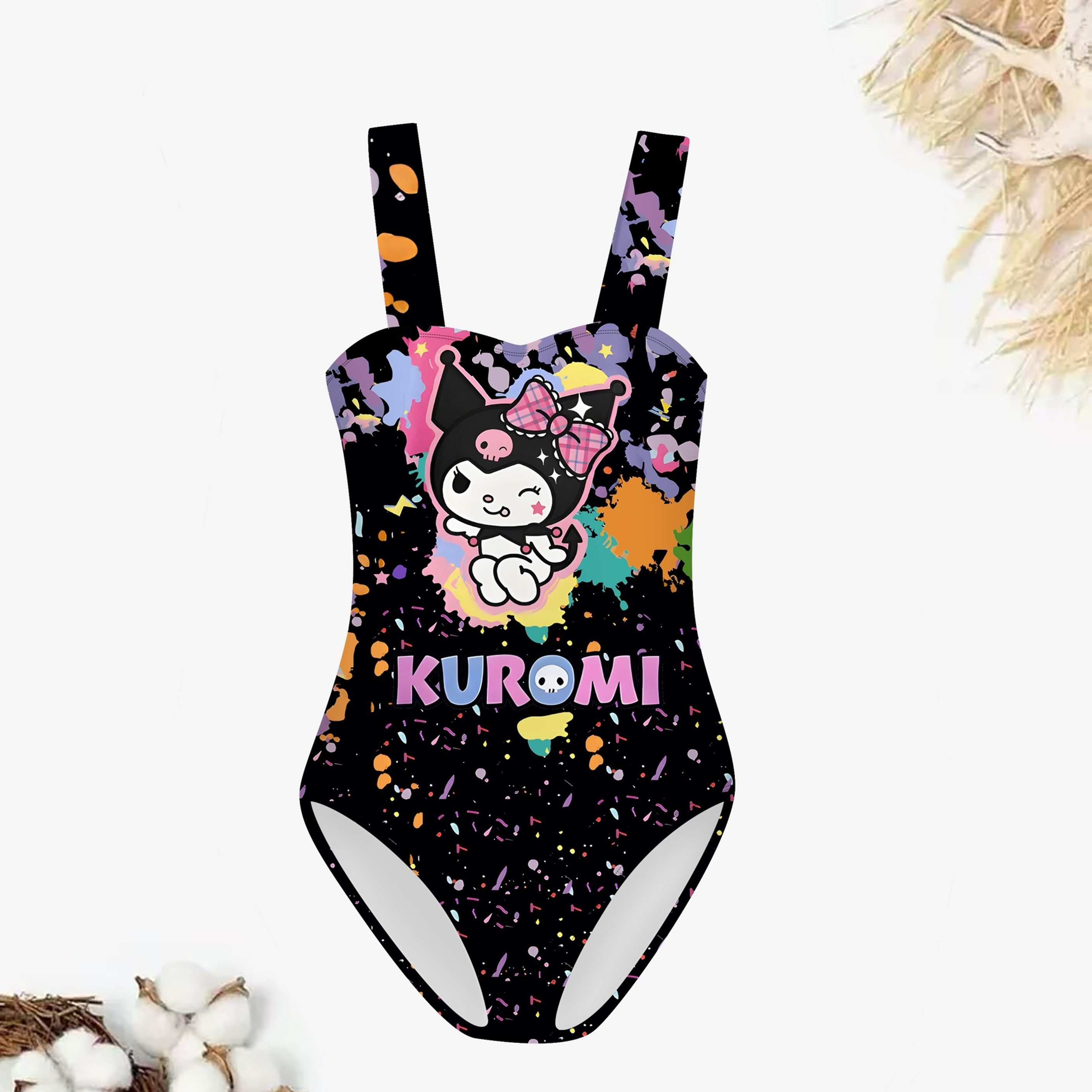 Kuromi 1pc Swimsuit - Cute Cartoon Design, Stretchy Fabric, Girls' Summer Gift, Fashionable Girl Swimwear, Girls' One-piece Swimsuit