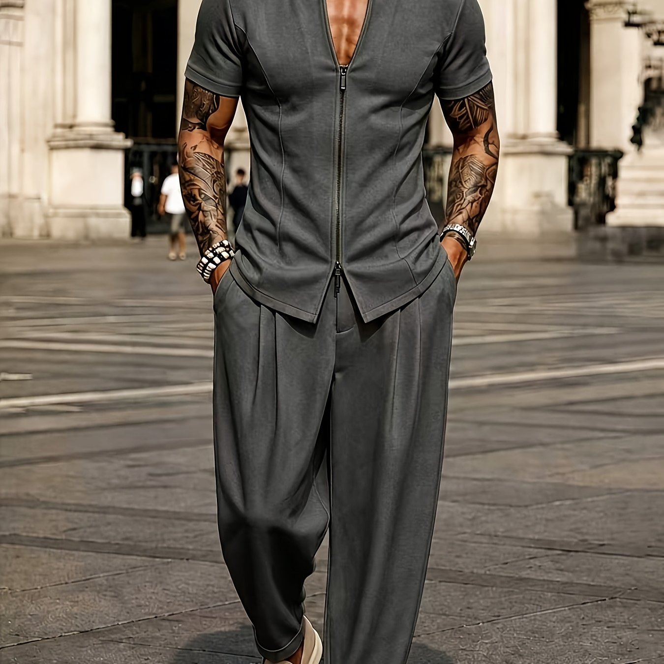 Image of Old Money Style, Spring And Autumn Men' Color Casual Suit, Short-sleeved Shirt With Trousers Casual Suit 2pcs Set