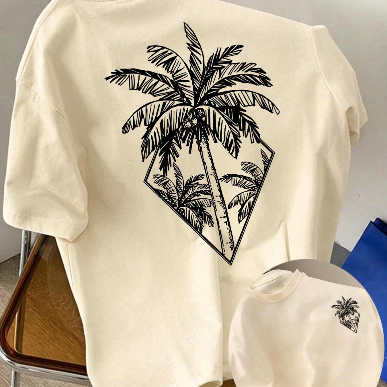 Image of Men's New Style Pure Short-sleeve T-shirt With Palm Tree Print, Suitable For Vacation And Leisure, Crew Neck, Short Sleeves, Comfortable, Soft, And Breathable, A Summer Essential