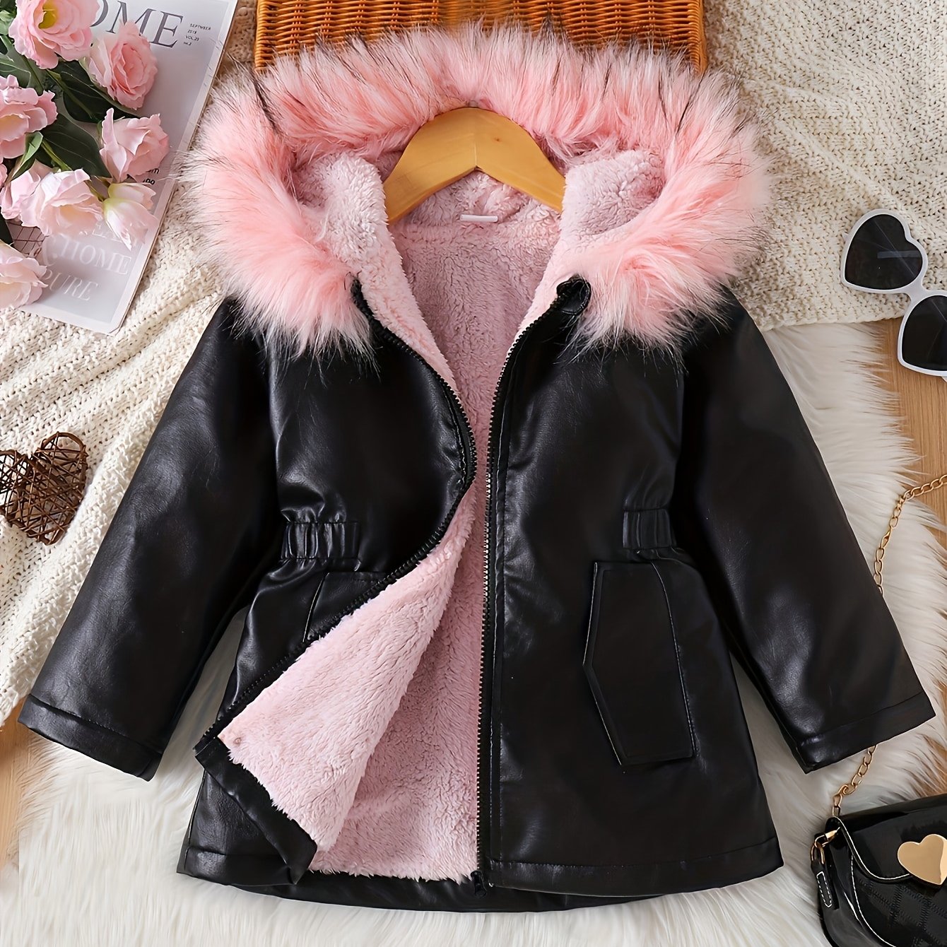 Image of Jacket Girls Mid-length Trendy Big Child Fleece Thickened Hooded Girls Jacket Coat Winter Fleece Lined Warm Outdoor All-match Back-to-school Outerwear Mid-length Jacket Coat