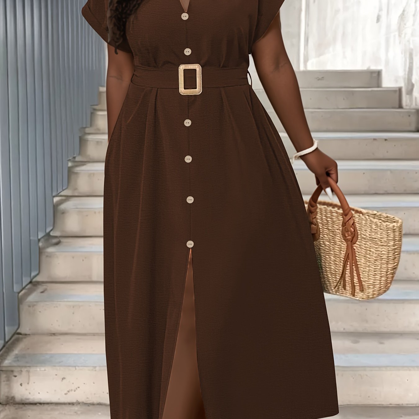 TEMU Plus Size - Plus Size - Women's Elegant Casual Versatile Solid Color Lapel Dress With Decorative Buttons And Tie Detail, , Plus Size Women's